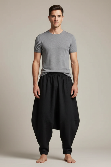 Pantalon Jupe Noir Coton Lin Ample Décontracté Homme