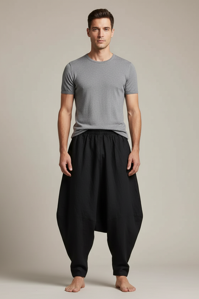 Pantalon Jupe Noir Coton Lin Ample Décontracté Homme