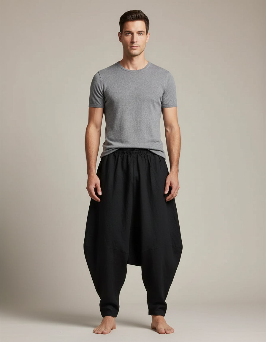 Pantalon Jupe Noir Coton Lin Ample Décontracté Homme