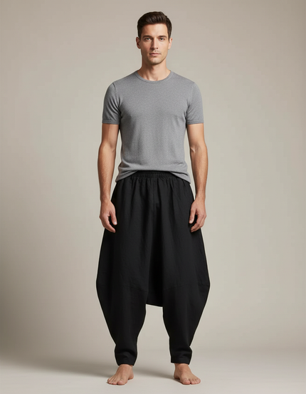 Pantalon Jupe Noir Coton Lin Ample Décontracté Homme