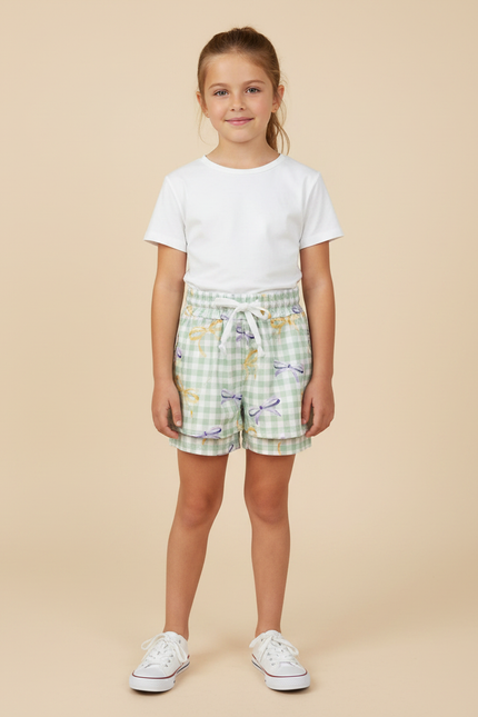 Pantalon Jupe Carreaux Vert Menthe Nœuds Superposé Coton Enfant