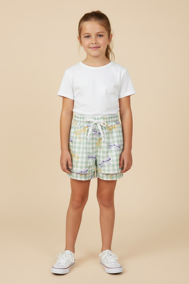 Pantalon Jupe Carreaux Vert Menthe Nœuds Superposé Coton Enfant