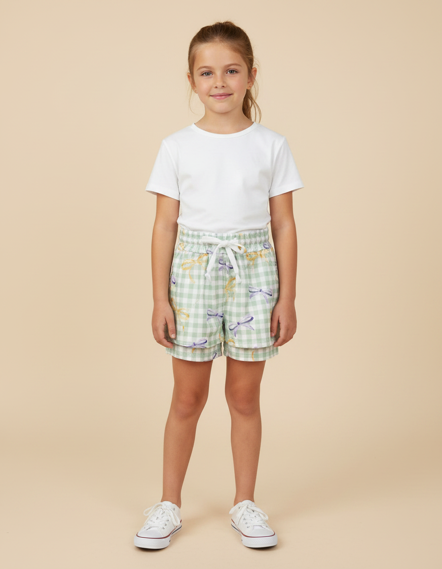 Pantalon Jupe Carreaux Vert Menthe Nœuds Superposé Coton Enfant