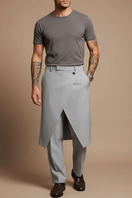 Pantalon Jupe Gris Asymétrique Droit Élégant Homme - Gabardine