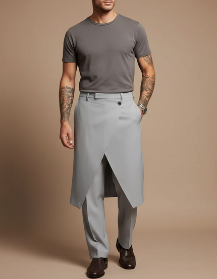 Pantalon Jupe Gris Asymétrique Droit Élégant Homme - Gabardine