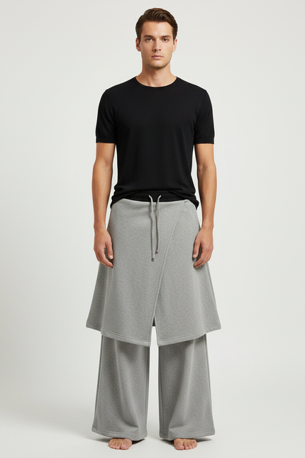 Pantalon Jupe Gris Ample Superposé Confortable Homme - Molleton