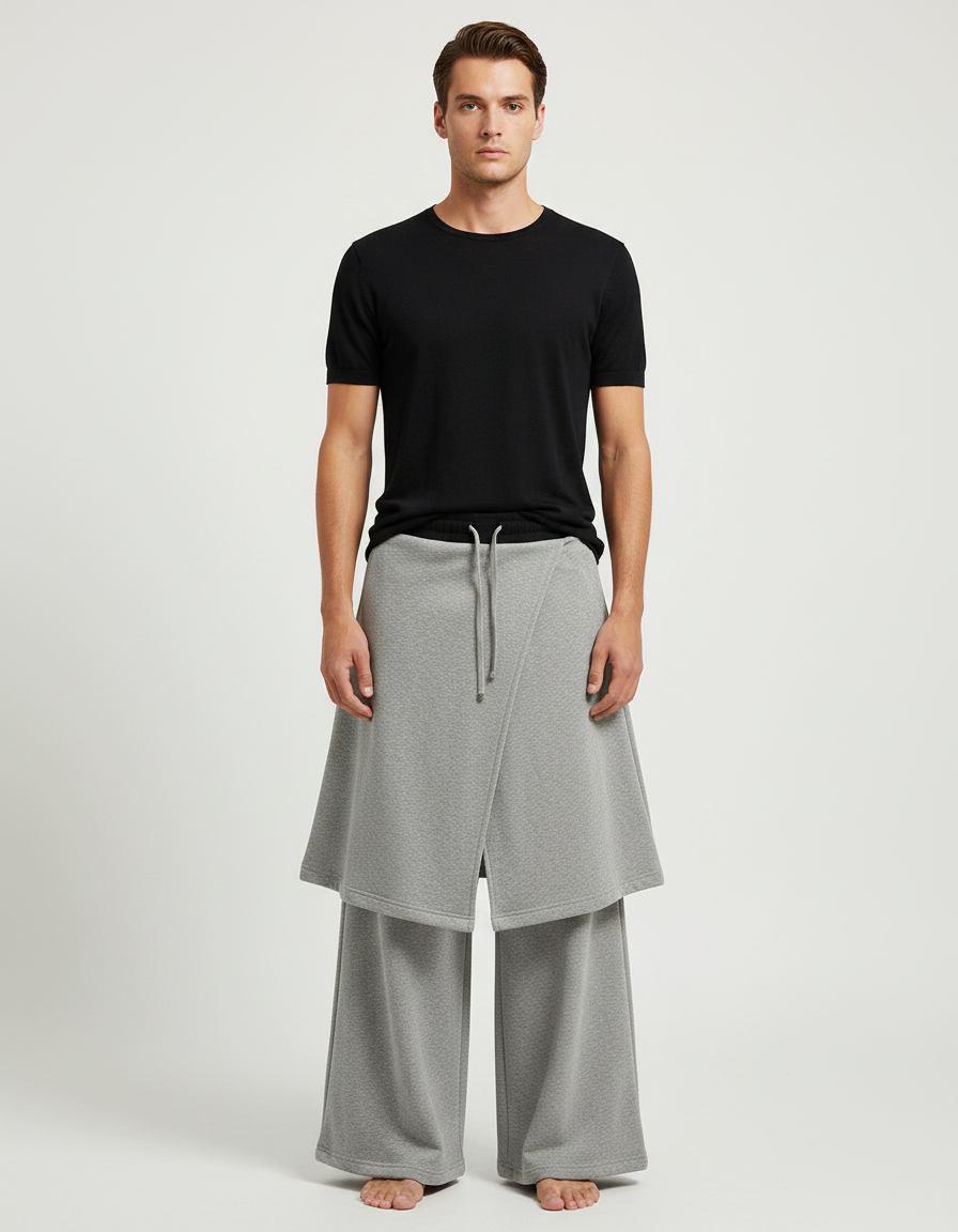 Pantalon Jupe Gris Ample Superposé Confortable Homme - Molleton