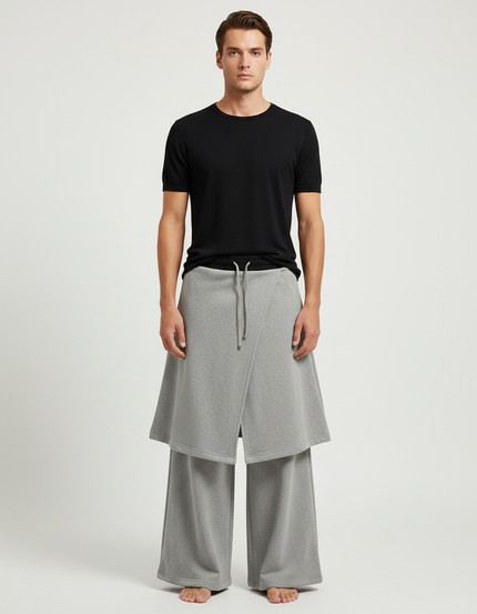 Pantalon Jupe Gris Ample Superposé Confortable Homme - Molleton