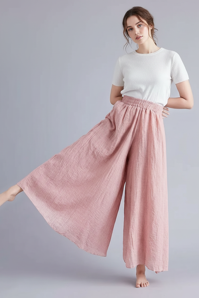 Pantalon Jupe Rose Lin Ample Fluide Décontracté