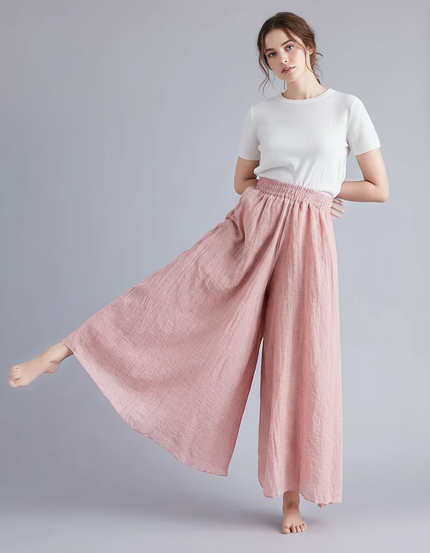 Pantalon Jupe Rose Lin Ample Fluide Décontracté