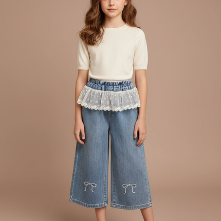 Pantalon Jupe Denim Brodé Nœuds Ample Enfant - Bleu Jean
