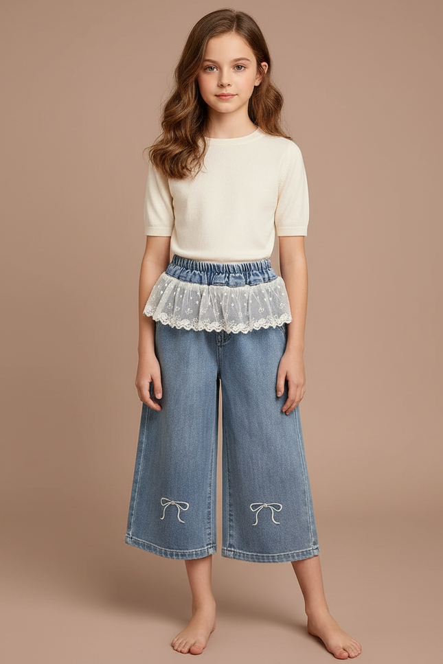 Pantalon Jupe Denim Brodé Nœuds Ample Enfant - Bleu Jean