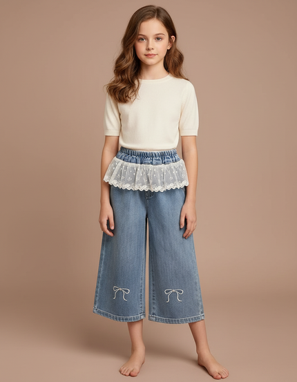 Pantalon Jupe Denim Brodé Nœuds Ample Enfant - Bleu Jean