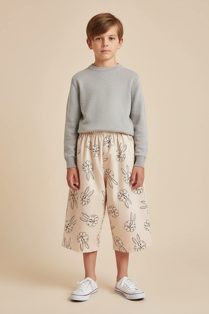 Pantalon Jupe Beige Imprimé Lapin Ample Enfant - Coton