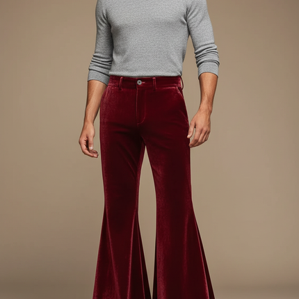Pantalon Jupe Velours Rouge Évasé Rétro Homme - Bordeaux