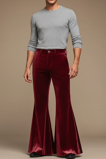 Pantalon Jupe Velours Rouge Évasé Rétro Homme - Bordeaux