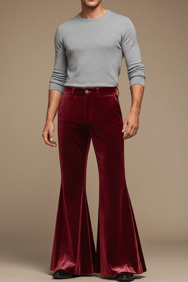Pantalon Jupe Velours Rouge Évasé Rétro Homme - Bordeaux