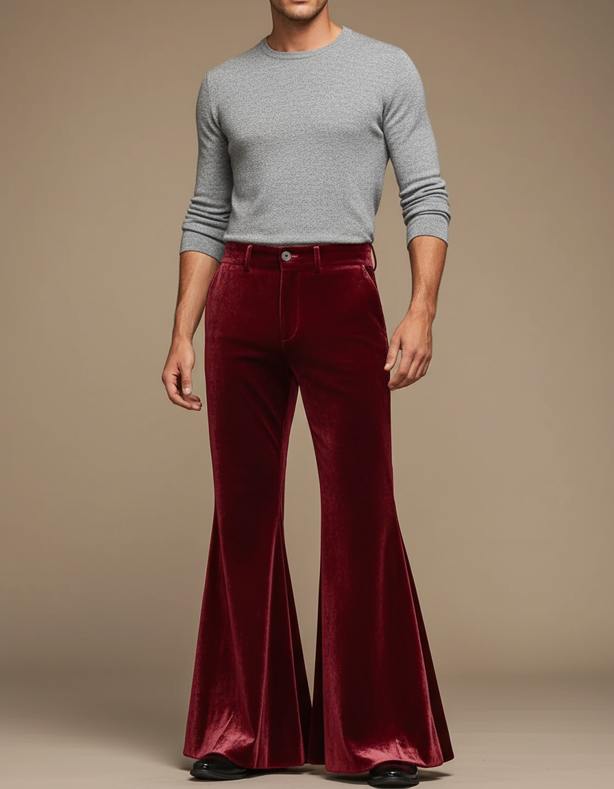 Pantalon Jupe Velours Rouge Évasé Rétro Homme - Bordeaux