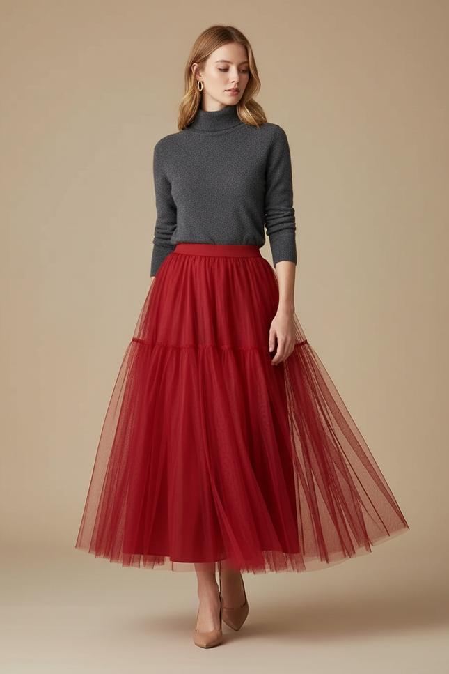 Pantalon Jupe Rouge Tulle Longue Plissée Élégante - Polyester