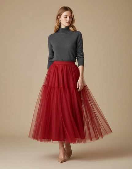 Pantalon Jupe Rouge Tulle Longue Plissée Élégante - Polyester