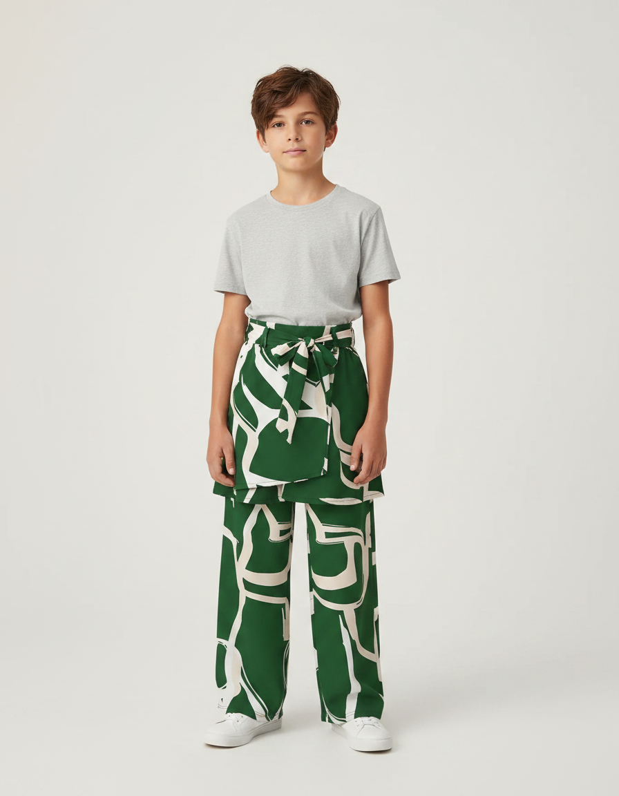 Pantalon Jupe Vert Imprimé Géométrique Fluide Garçon - Polyester