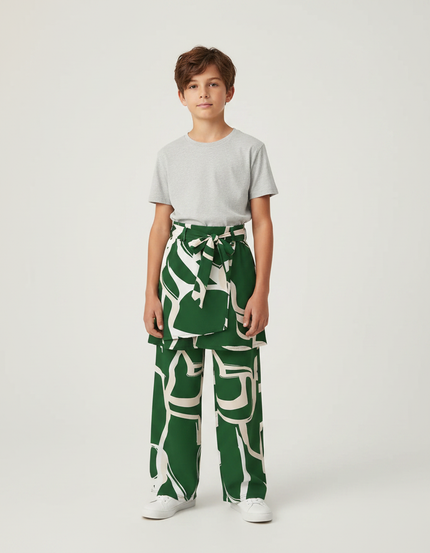 Pantalon Jupe Vert Imprimé Géométrique Fluide Garçon - Polyester