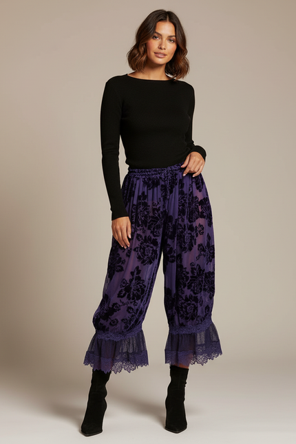 Pantalon Jupe Violet Velours Floral Dentelle Ample
