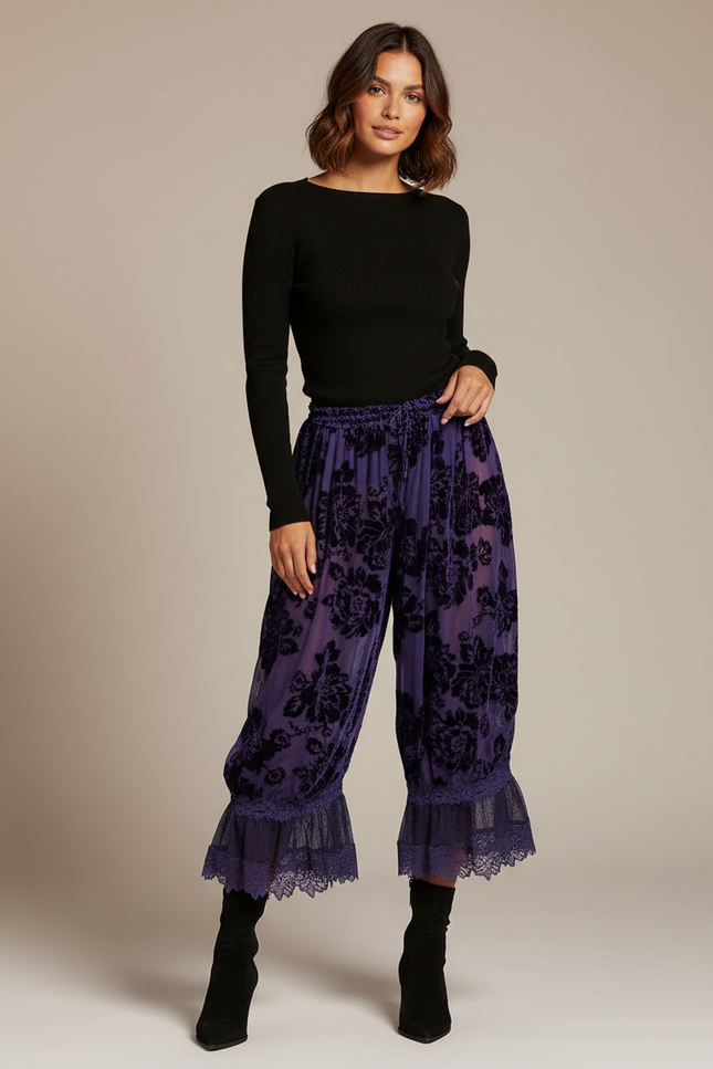 Pantalon Jupe Violet Velours Floral Dentelle Ample