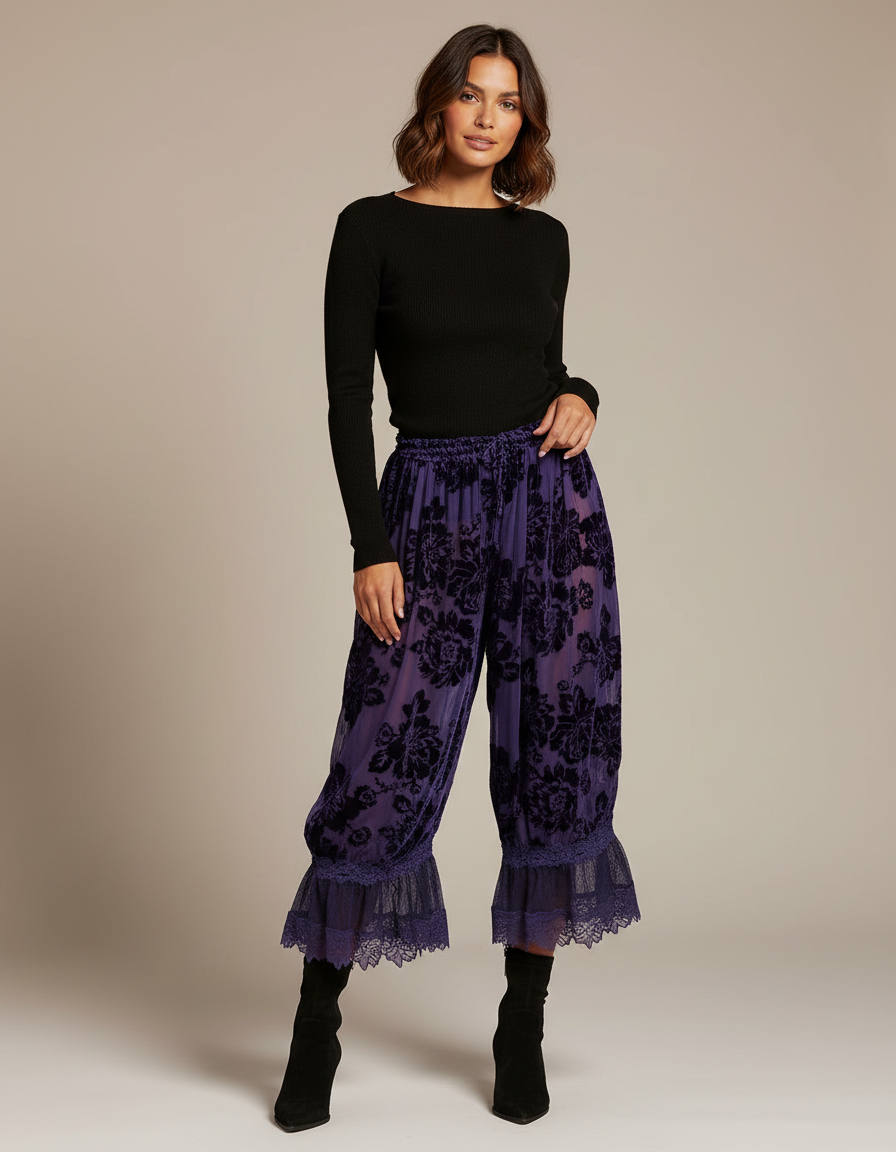 Pantalon Jupe Violet Velours Floral Dentelle Ample