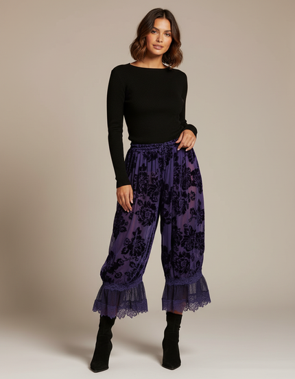 Pantalon Jupe Violet Velours Floral Dentelle Ample