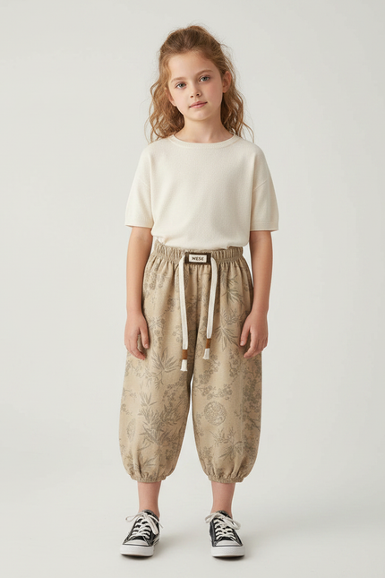 Pantalon Jupe Beige Floral Ample Coton Enfant