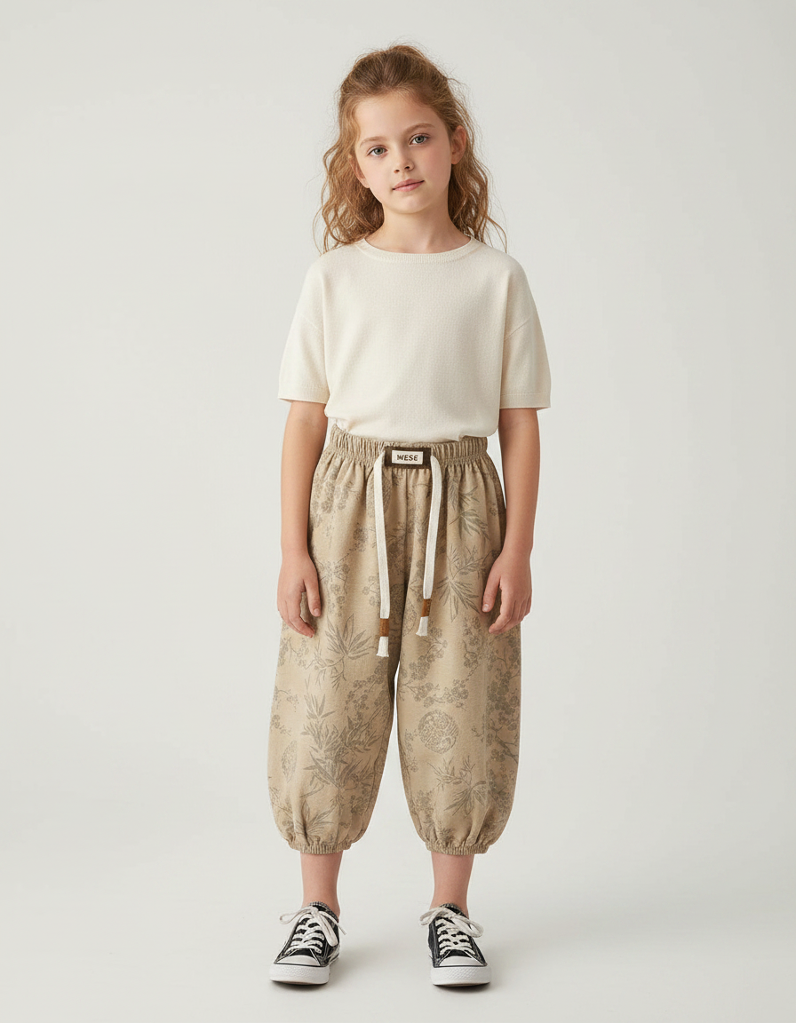 Pantalon Jupe Beige Floral Ample Coton Enfant