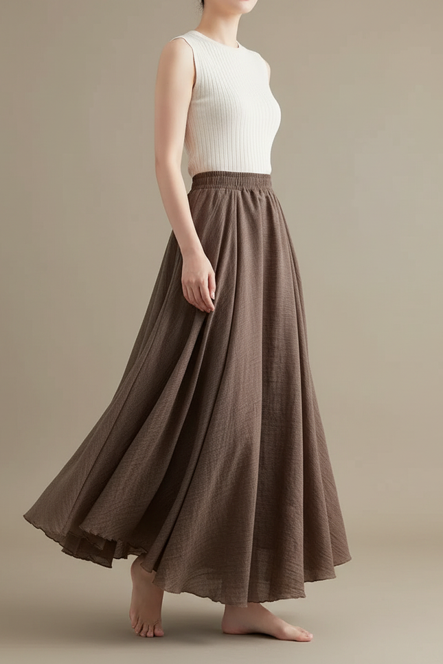 Pantalon Jupe Marron Ample Lin Coton Longue