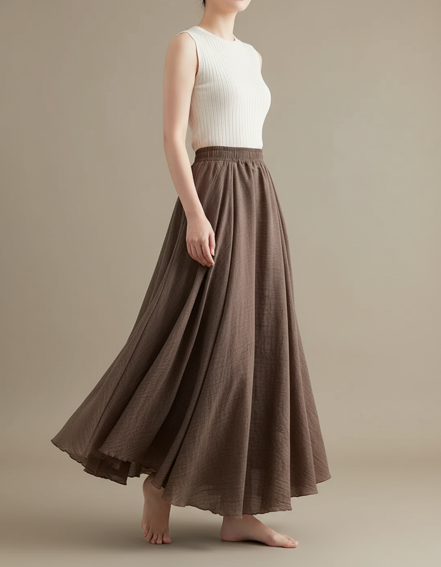 Pantalon Jupe Marron Ample Lin Coton Longue