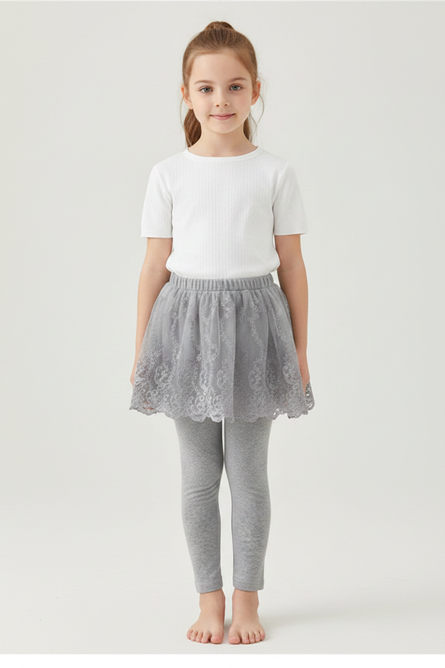 Pantalon Jupe Gris Dentelle Tulle Intégrée Fille - Maille