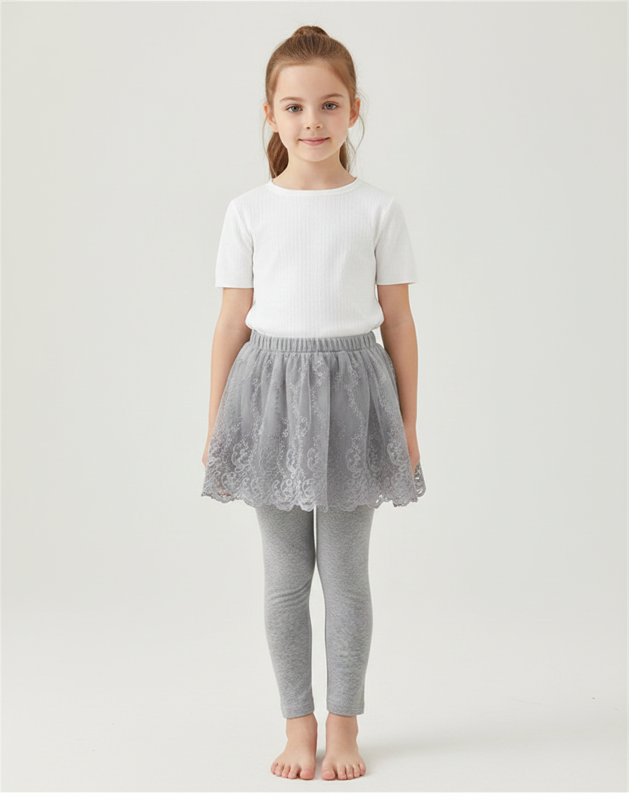 Pantalon Jupe Gris Dentelle Tulle Intégrée Fille - Maille