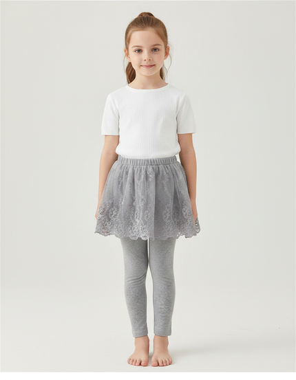 Pantalon Jupe Gris Dentelle Tulle Intégrée Fille - Maille