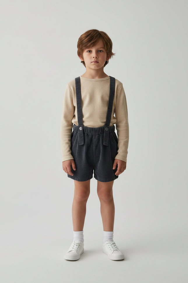 Pantalon Jupe Bretelles Côtelé Gris Enfant Garçon - Cordé