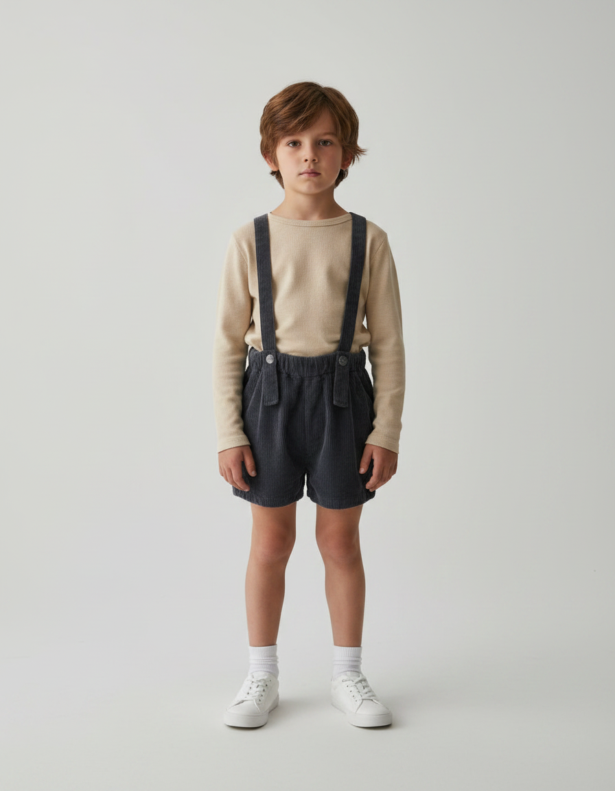 Pantalon Jupe Bretelles Côtelé Gris Enfant Garçon - Cordé