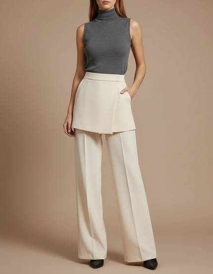 Pantalon Jupe Crème Drapé Large Élégant Moderne - Beige Polyester