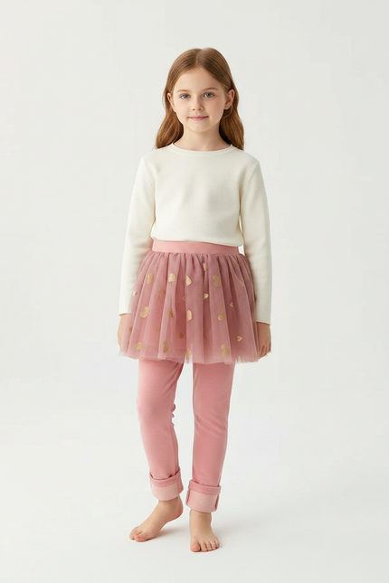 Pantalon Jupe Rose Tulle Cœurs Dorés Intégré Fille - Molleton