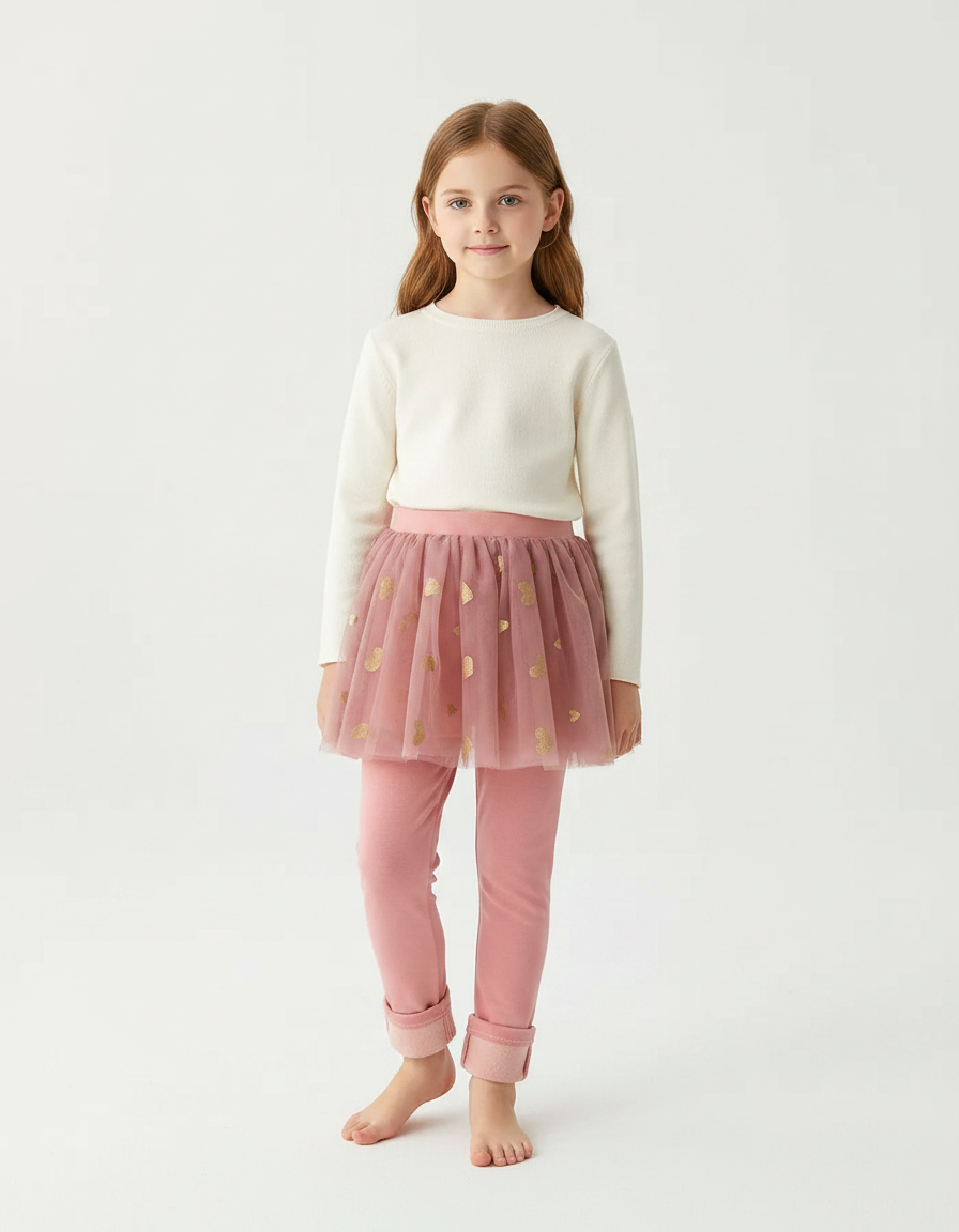 Pantalon Jupe Rose Tulle Cœurs Dorés Intégré Fille - Molleton