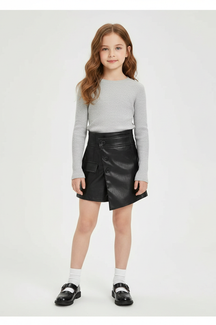 Pantalon Jupe Noir Cuir Asymétrique Boutons Élégant - Simili cuir