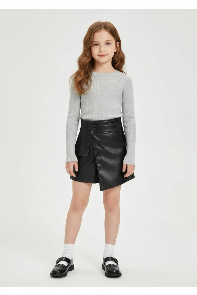 Pantalon Jupe Noir Cuir Asymétrique Boutons Élégant - Simili cuir