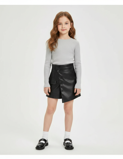 Pantalon Jupe Noir Cuir Asymétrique Boutons Élégant - Simili cuir