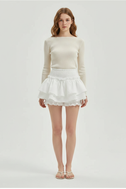 Pantalon Jupe Blanc Volants Plissé Taille Haute - Coton