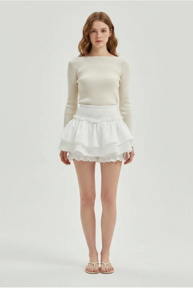 Pantalon Jupe Blanc Volants Plissé Taille Haute - Coton