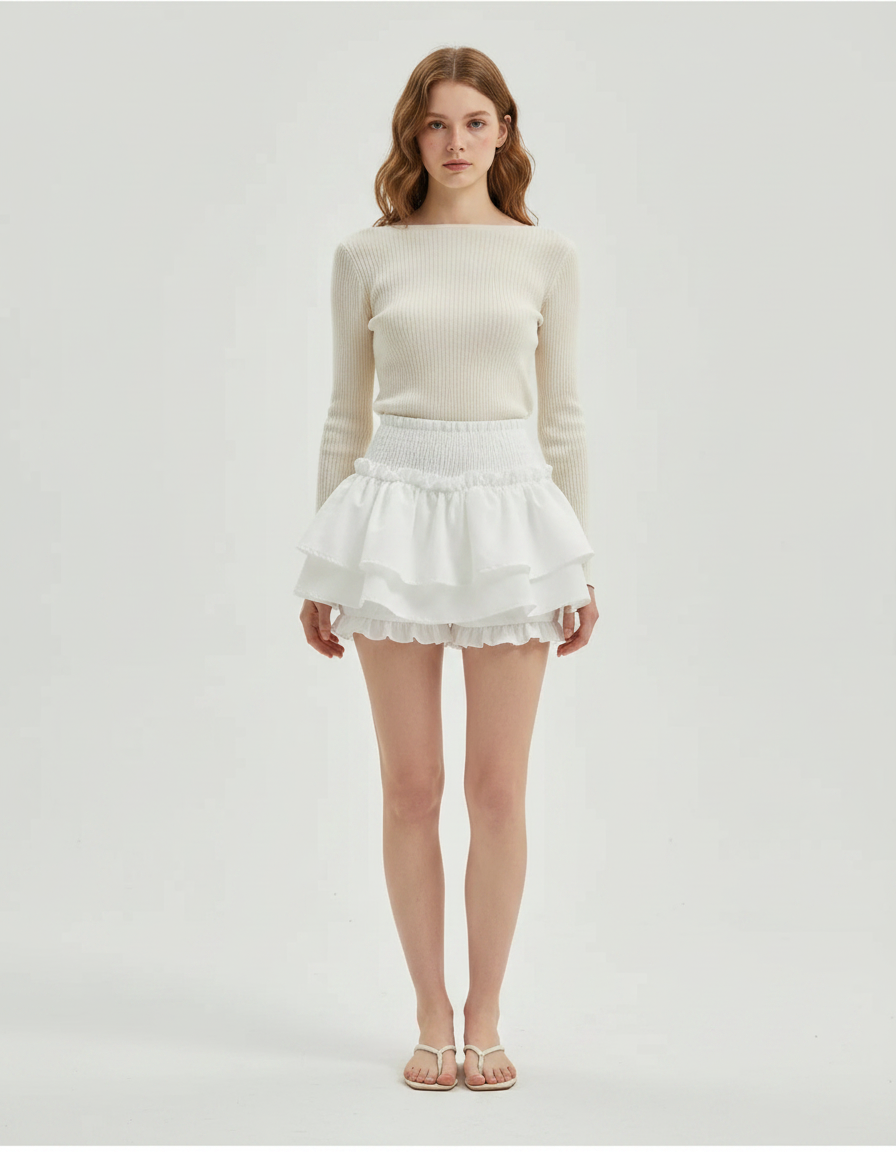 Pantalon Jupe Blanc Volants Plissé Taille Haute - Coton