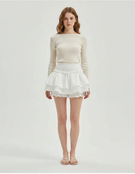 Pantalon Jupe Blanc Volants Plissé Taille Haute - Coton