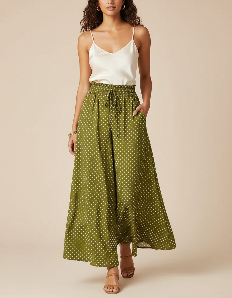 Pantalon Jupe Fluide Femme - Vert Viscose